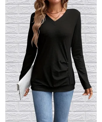 Kadın Uzun Kollu V Yakalı Yandan Düğme Detay Yün Viskon Bluz