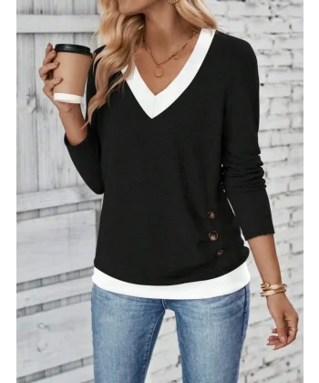 Kadın Uzun Kollu V Yakalı Yandan Düğmeli Yün Viskon Bluz