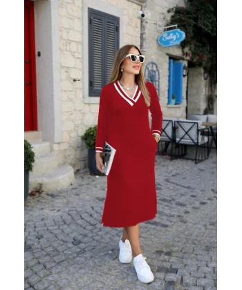 Kadın Uzun Kollu V Yakalı Yandan Yırtmaçlı Iki Iplik Midi Elbise