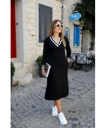 Kadın Uzun Kollu V Yakalı Yandan Yırtmaçlı Iki Iplik Midi Elbise