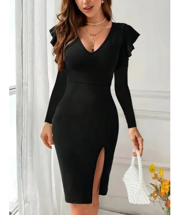 Kadın Uzun Kollu V Yakalı Yandan Yırtmaçlı Midi Ithal Krep Elbise