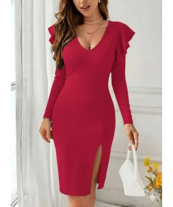 Kadın Uzun Kollu V Yakalı Yandan Yırtmaçlı Midi Ithal Krep Elbise