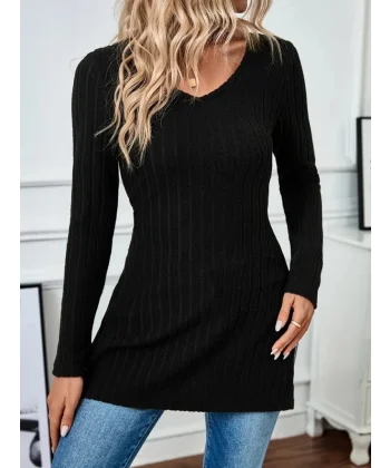 Kadın Uzun Kollu V Yakalı Yandan Yırtmaçlı şardonlu Kaşkorse Bluz