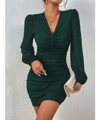 Kadın Uzun Kollu V Yakalı Yanlardan Büzgülü Kısa Sandy Elbise