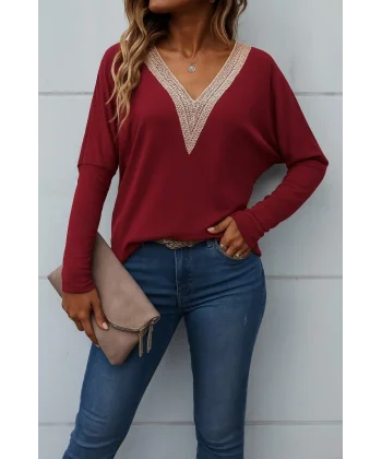 Kadın Uzun Kollu V Yakalı Yarasa Kollu Viskon Bluz