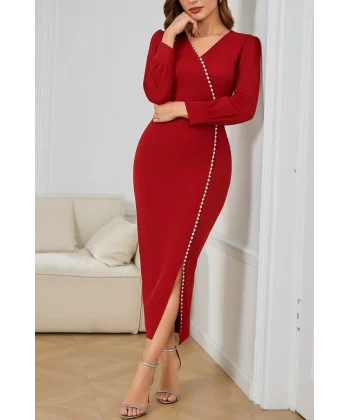 Kadın Uzun Kollu V Yakalı Yırtmaçlı Taşlı Uzun Ithal Krep Elbise