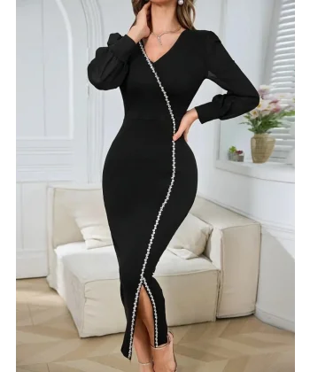 Kadın Uzun Kollu V Yakalı Yırtmaçlı Taşlı Uzun Ithal Krep Elbise