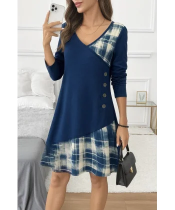 Kadın Uzun Kollu V Yakalı Yün Viskon Ve Desenli Süprem Elbise