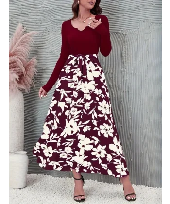 Kadın Uzun Kollu Yaka Açık üst Kaşkorse Beli Kuşaklı Alt çiçek Baskılı Dalgıç Elbise