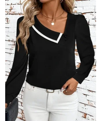 Kadın Uzun Kollu Yaka Detaylı Düğmeli Ithal Krep Bluz