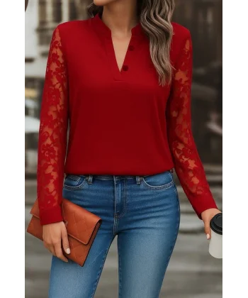 Kadın Uzun Kollu Yaka Düğme Detay Güpürlü Kol Krep Bluz