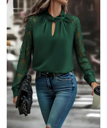 Kadın Uzun Kollu Yaka Düğme Detay Güpürlü Kol Krep Bluz