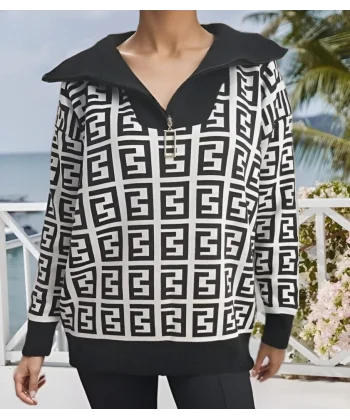 Kadın Uzun Kollu Yaka Fermuarlı Triko Bluz