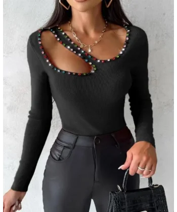 Kadın Uzun Kollu Yaka Taş Ve Dekolte Detay Kaşkorse Bluz