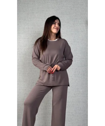 Kadın Uzun Kollu Yaka Ve Büzgü Detay Tunik Ve Pantolon Ikili Takım