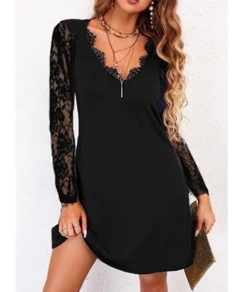 Kadın Uzun Kollu Yaka Ve Kol Dantel Detay Sandy Mini Boy Elbise