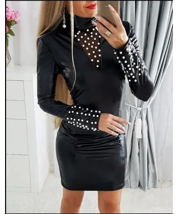 Kadın Uzun Kollu Yaka Ve Kol Inci Detay Deri Mini Boy Elbise