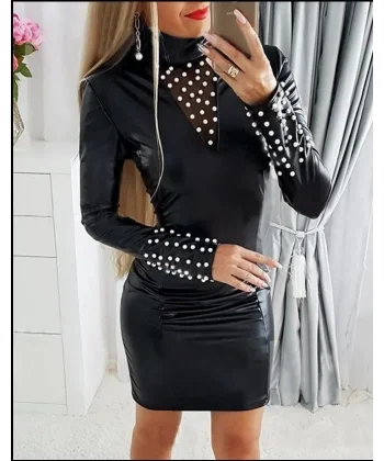 Kadın Uzun Kollu Yaka Ve Kol Inci Detay Deri Mini Boy Elbise