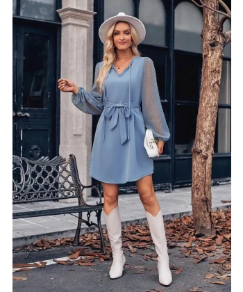 Kadın Uzun Kollu Yakadan Bağcıklı Belden Kuşaklı Ithal Krep Elbise