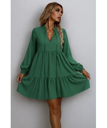 Kadın Uzun Kollu Yakadan Bağcıklı Fırfırlı Keten Mini Elbise