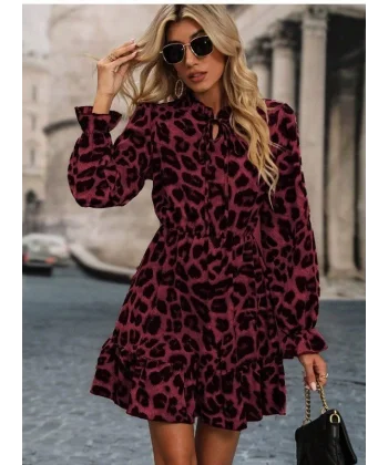 Kadın Uzun Kollu Yakadan Bağcıklı Modal Leopar Desenli Mini Elbise
