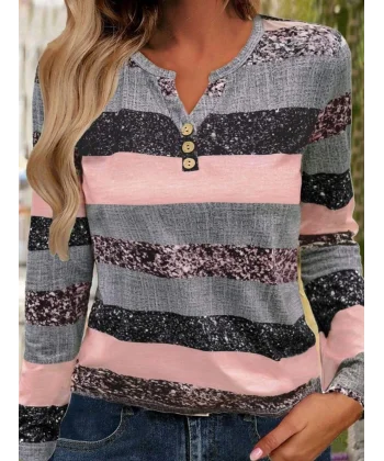 Kadın Uzun Kollu Yakadan Düğmeli çizgili Desenli Süprem Bluz