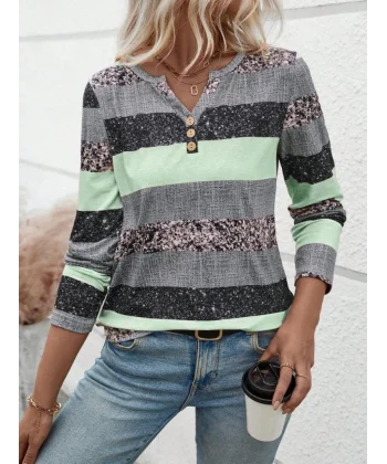 Kadın Uzun Kollu Yakadan Düğmeli çizgili Desenli Süprem Bluz