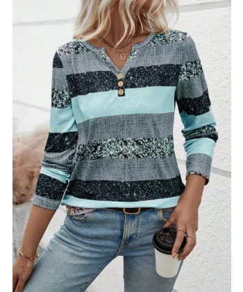 Kadın Uzun Kollu Yakadan Düğmeli çizgili Desenli Süprem Bluz