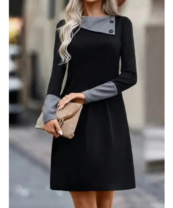 Kadın Uzun Kollu Yakadan Düğmeli Kısa Viskon Iki Iplik Elbise