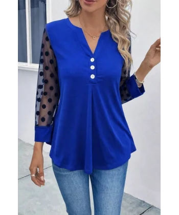 Kadın Uzun Kollu Yakadan Düğmeli Kolları Tül Detaylı Viskon Bluz