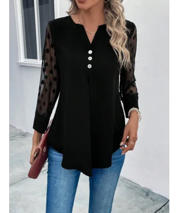 Kadın Uzun Kollu Yakadan Düğmeli Kolları Tül Detaylı Viskon Bluz