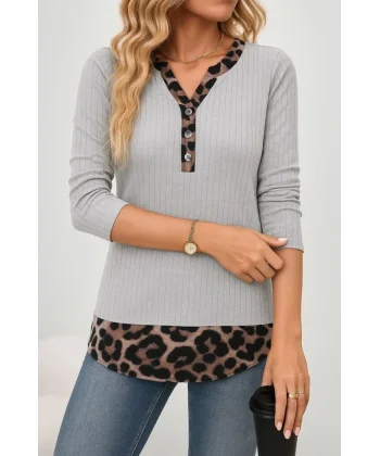 Kadın Uzun Kollu Yakadan Düğmeli Leopar Detaylı Kaşkorse Bluz