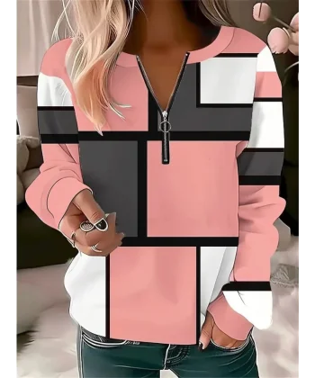 Kadın Uzun Kollu Yakadan Fermuarlı Desenli şardonlu Dalgıç Bluz