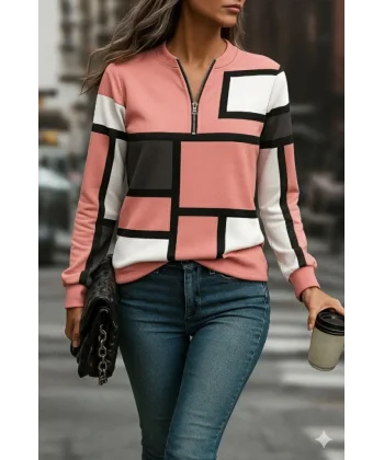 Kadın Uzun Kollu Yakadan Fermuarlı Desenli şardonlu Dalgıç Bluz