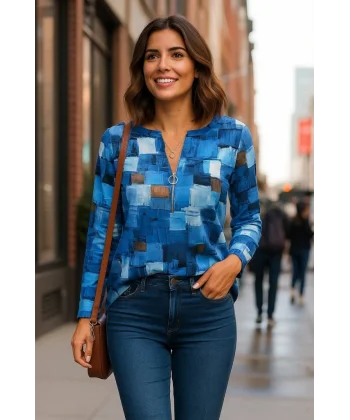 Kadın Uzun Kollu Yakadan Fermuarlı Kot Görünüm Desenli Uzun Modal Bluz