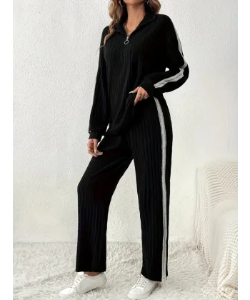 Kadın Uzun Kollu Yakadan Fermuarlı Yanları şerit Detaylı şardonlu Kaşkorse Bluz Ve Pantolon Ikili Takım