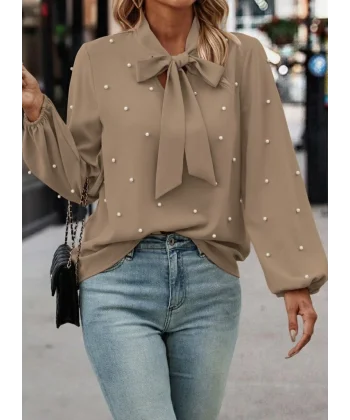 Kadın Uzun Kollu Yakadan Fiyonklu Incili Ithal Krep Bluz