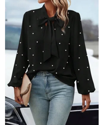 Kadın Uzun Kollu Yakadan Fiyonklu Incili Ithal Krep Bluz