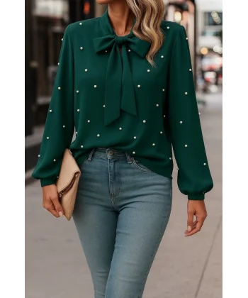 Kadın Uzun Kollu Yakadan Fiyonklu Incili Ithal Krep Bluz