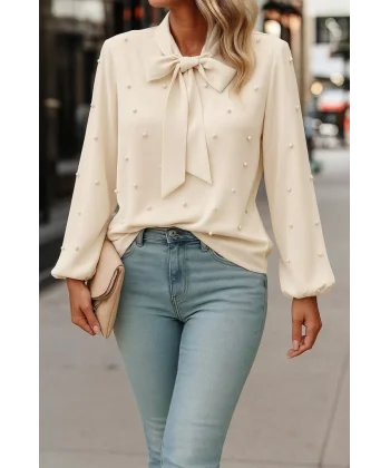 Kadın Uzun Kollu Yakadan Fiyonklu Incili Ithal Krep Bluz