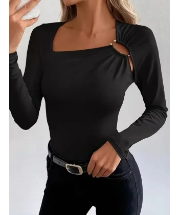 Kadın Uzun Kollu Yakadan Halka Detaylı Viskon Bluz