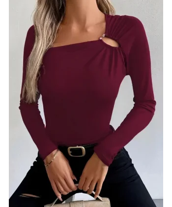 Kadın Uzun Kollu Yakadan Halka Detaylı Viskon Bluz