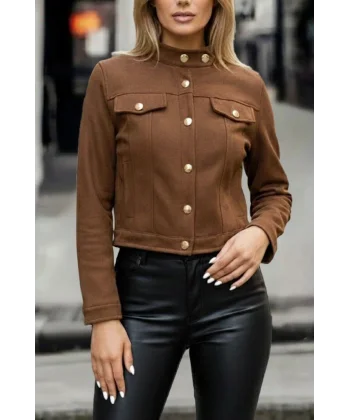 Kadın Uzun Kollu Yakadan Ve önden Düğmeli Süet Kısa Ceket