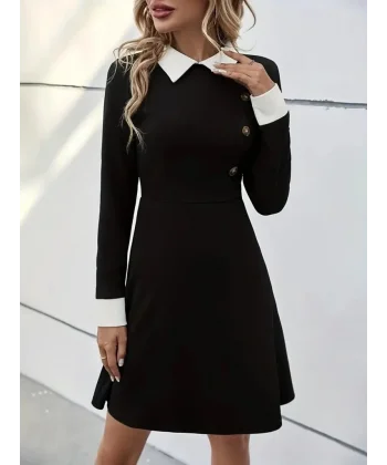 Kadın Uzun Kollu Yakalı A Kesim Kısa Ithal Krep Elbise