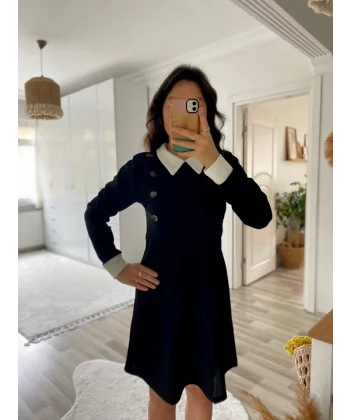 Kadın Uzun Kollu Yakalı A Kesim Kısa Ithal Krep Elbise