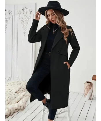 Kadın Uzun Kollu Yakalı Belde şerit Düğme Detaylı Cepli Mini Kaşe Kaban