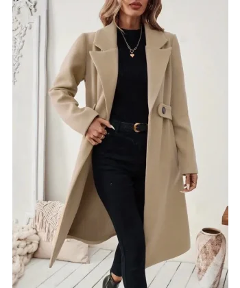 Kadın Uzun Kollu Yakalı Belde şerit Düğme Detaylı Cepli Mini Kaşe Kaban