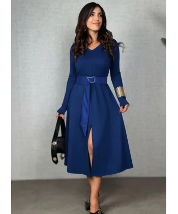 Kadın Uzun Kollu Yakalı Belden Deri Detaylı Kuşaklı Yırtmaçlı Midi Viskon Iki Iplik Elbise