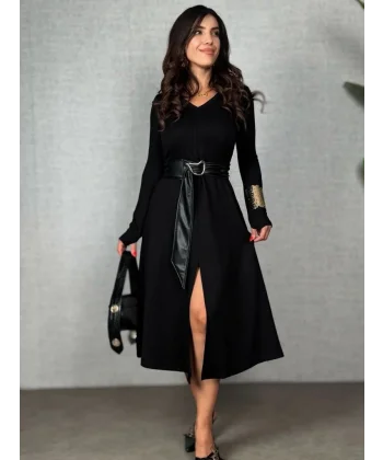 Kadın Uzun Kollu Yakalı Belden Deri Detaylı Kuşaklı Yırtmaçlı Midi Viskon Iki Iplik Elbise