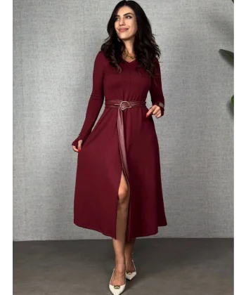 Kadın Uzun Kollu Yakalı Belden Deri Detaylı Kuşaklı Yırtmaçlı Midi Viskon Iki Iplik Elbise